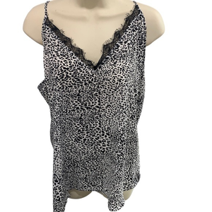 NWT Rachel Zoe Black White/Black Animal Print Lace Trim‎ Camisole Top L